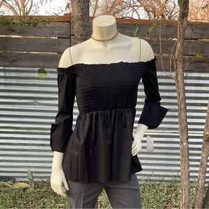 NWT Black Smocked Off Shoulder Long Sleeve Babydoll Top